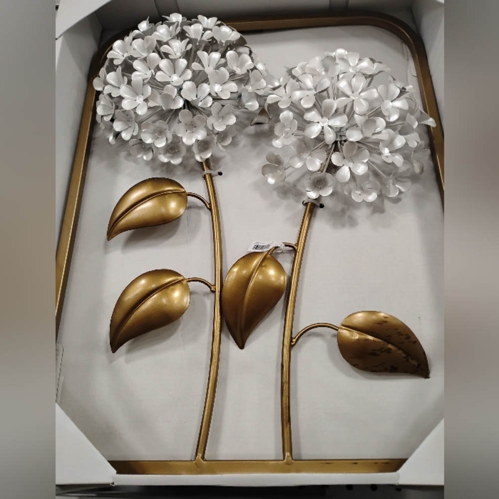New Gold Metal Floral Wall Art with White Blossoms